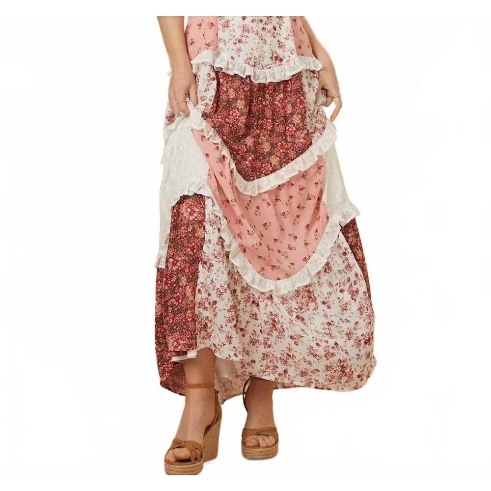 NEW ROSA CLOTHING parfait patchwork tiered floral maxi dress in pink